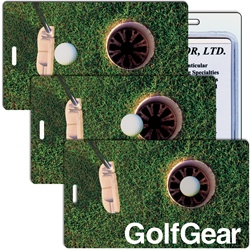 Lenticular luggage tag with PGA putter hits golf ball into hole, animation