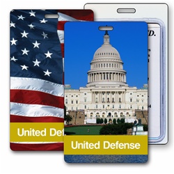 Lenticular luggage tag with Washington, DC capitol building, and USA American flag, flip