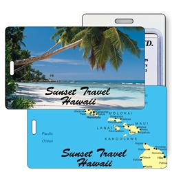 Lenticular luggage tag with tropical Hawaiian palm tree on white sand beach, map of islands, flip