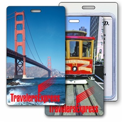 Lenticular luggage tag with San Francisco trolley cable car, Golden Gate Bridge, flip