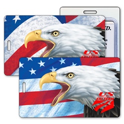 Lenticular luggage tag with bald eagles eyes appear alive in front of USA American flag, depth