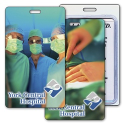 Lenticular luggage tag with three surgeons in hospital, surgery in progress with scalpel, flip