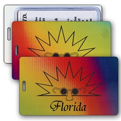 Lenticular luggage tag with red, yellow, and blue, color changing