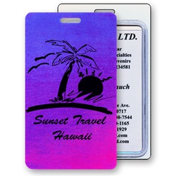 Lenticular luggage tag with red and blue gradient, color changing