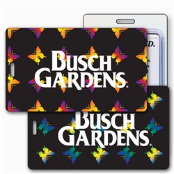 Lenticular luggage tag with yellow, red, and green butterflies on a black background, color changing flip