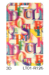 Lenticular luggage tag with rainbow alphabet letters on white background, depth