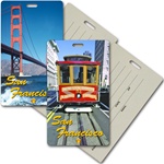 Lenticular privacy tag with San Francisco trolley cable car, Golden Gate Bridge, flip