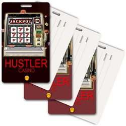 Lenticular privacy tag with Las Vegas casino slot machine spins reels for a jackpot, animation