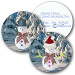 Lenticular luggage tag with circle shaped, Frosty the snowman switches from a top hat to a Santa Claus hat, flip