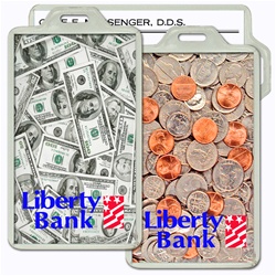Lenticular acrylic luggage tag with USA American money, currency, dollars and coins, flip