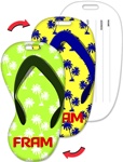 Lenticular luggage tag with flip-flop sandal shaped, blue to white palm tree pattern, green to yellow background, flip