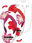 Lenticular luggage tag with flip-flop sandal shaped, tropical Hawaiian red hibiscus and pink plumeria flowers, flip