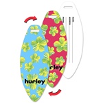 Lenticular luggage tag with surf board shaped, tropical Hawaiian lei flowers switch from blue to red background, flip