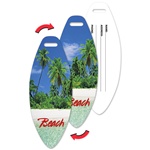Lenticular luggage tag with surf board shaped, tropical Hawaiian palm trees on warm white sand beach, flip