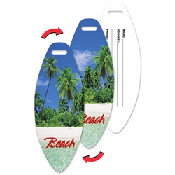 Lenticular luggage tag with surf board shaped, tropical Hawaiian palm trees on warm white sand beach, flip