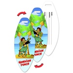 Lenticular luggage tag with surfboard-shaped, dancing tropical Hawaiian hula girl, palm tree with coconuts, animation