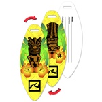 Lenticular luggage tag with surf board shaped, tiki statues and tropical Hawaiian flowers, yellow background, flip