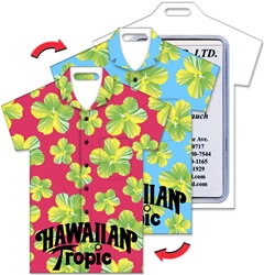 Lenticular luggage tag with t-shirt shaped, tropical Hawaiian lei flowers switch from blue to red background, flip