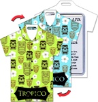 Lenticular luggage tag with t-shirt shaped, black tiki statue pattern switches from green to turquoise background, flip