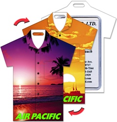 Lenticular luggage tag with t-shirt shaped, tropical Hawaiian sunset photograph, purple to orange tint, flip