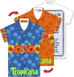 Lenticular luggage tag with t-shirt shaped, tropical Hawaiian lei necklace switches between blue and orange background, flip