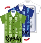 Lenticular luggage tag with t-shirt shaped, tropical Hawaiian white tiki statue pattern, changes from green to blue background