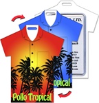 Lenticular luggage tag with t-shirt shaped, tropical Hawaiian palm tree silouette, changes from orange to blue sunset background, flip
