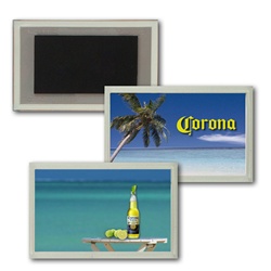 Lenticular acrylic magnet with custom design, full yellow Corona beer bottle with limes, tropical Hawaiian palm tree beach, flip
