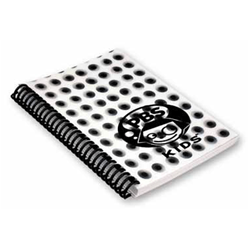 Lenticular notebook with custom design, small black balls centrifugally oscillate and spin on a white background, animation