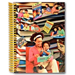 Lenticular notebook with custom design, mother reads books with toddler child, books fly out of book case, depth