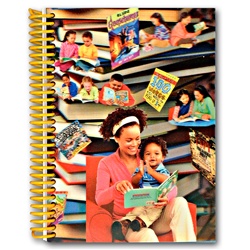 Lenticular notebook with custom design, mother reads books with toddler child, books fly out of book case, depth