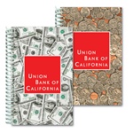 Lenticular notebook with USA American money, currency, dollars and coins, flip