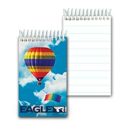 Lenticular mini notebook with rainbow striped hot air balloon and parachute in cloudy summer sky, depth