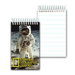 Lenticular mini notebook with NASA explorer astronaut stands on grey dusty Moon in outer space, depth