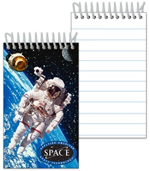 3D Notebook with NASA astronaut floats in Earth orbit with a satellite and the Moon, depth