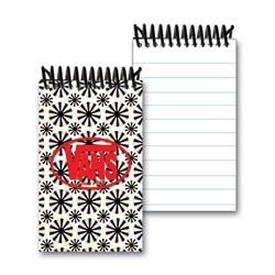 Lenticular mini notebook with black spinning wheels on white background, animation