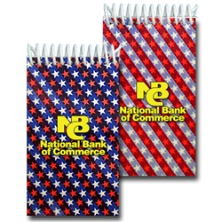Lenticular notebook with American flag stars and stripes, red, white, and blue, color changing flip