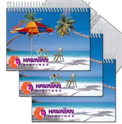Lenticular photo album with palm trees, umbrella, and lawn chair appear on a tropical Hawaiian beach, flip