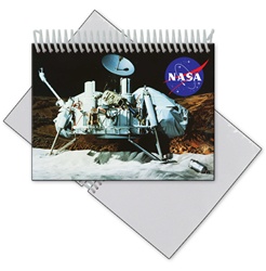 Lenticular photo album with NASA spacecraft sits on Moon's surface, samples for alien life and water, depth