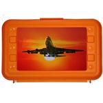 Lenticular pencil box with custom design, orange hard plastic, jumbo jet airplane taking off in front of an orange tropical Hawaiian sunset, depth