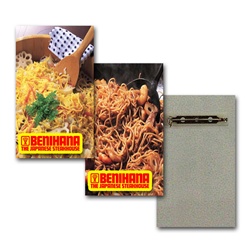 Lenticular lapel pin with custom design, Benihana, the Japanese steakhouse, noodles are stirred with a spoon, flip
