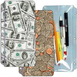 Lenticular pencil pouch with United States of America USA money, currency, dollars and coins, flip