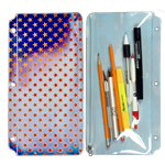 Lenticular pencil pouch with American flag stars and stripes, red, white, and blue, color changing flip