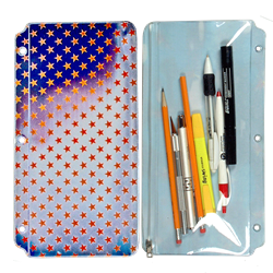 Lenticular pencil pouch with American flag stars and stripes, red, white, and blue, color changing flip