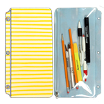 Lenticular pencil pouch with yellow and white stripes, animation