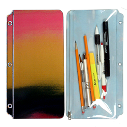 Lenticular pencil pouch with red, yellow, and black gradient, color changing