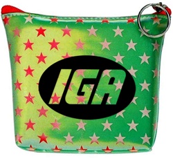 Lenticular zipper purse with white and red stars on a green background, color changing flip