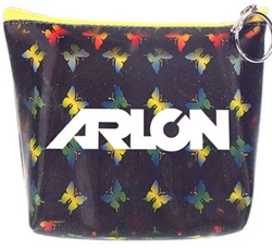 Lenticular zipper purse with yellow, red, and green butterflies on a black background, color changing flip