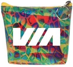 Lenticular zipper purse with rainbow  colored square and geometric shapes, color changing