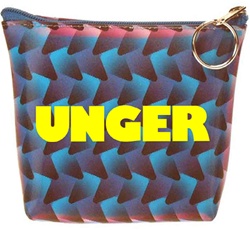 Lenticular zipper purse with black, blue, and purple woven pattern